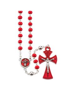 4mm Red Glass Beads with Red Epoxied Holy Spirit Center Confirmation Wood Rosary in Clear Hinged Box