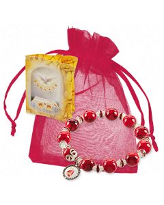 5mm Red Glass Beads on a Stretch Bracelet with Confirmation Medal in Organza Gift Bag