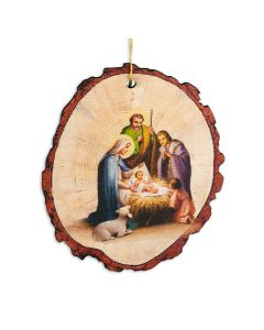 Wood Log Holy Family with Shepherds Christmas Ornament