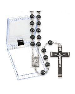 Black Carved Wood Bead Rosary, Boxed