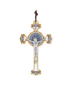 St. Benedict Painted Wood Laser Cut Crucifix on a Brown Cord