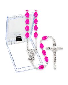 Oval Pink Plastic Bead Rosary, Boxed