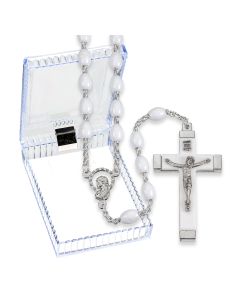 White Acrylic Bead Rosary with Metal Bound Crucifix, Boxed