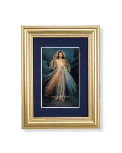 5 1/4" x 6 3/4" Gold Leaf Frame-Navy Blue Matte with a 2 1/2" x 3 3/4" Divine Mercy Print