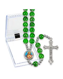 Marbleized Green Bead Rosary, Boxed-P65