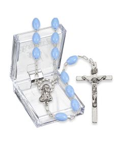 Blue Plastic Oval Bead Rosary, Boxed