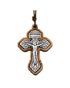 2 1/2" Olive Wood Pardon Crucifix with Silver Oxidized Inlay on a 27" Brown Cord