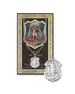 Saint Michael Police Shield Genuine Pewter Medal on a 24" Chain with Biography and Picture Folder