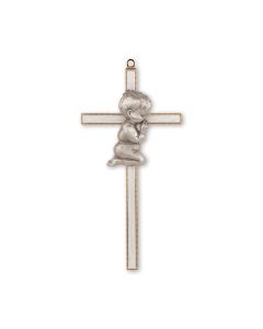7" White Epoxied and Gold Cross with Genuine Pewter Praying Boy, Boxed-P65