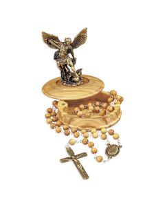 St. Michael Wood Bead Rosary in Wooden Box with Bronze St. Michael Statue on Top