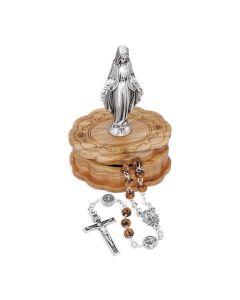 O.L of the Miraculous Medal Wood Bead Rosary in Wooden Box with O.L. of the Miraculous Medal Statue on Top