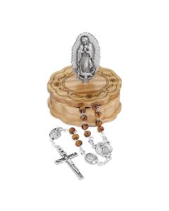 O.L of the Miraculous Medal Wood Bead Rosary in Wooden Box with O.L. of Guadalupe Statue on Top