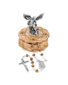 St. Michael Wood Bead Rosary in Wooden Box with St. Michael Statue on Top
