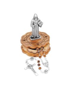St. Benedict Wood Bead Rosary in Wooden Box with St. Benedict Statue on Top