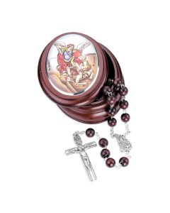 St. Michael Wood Bead Rosary in St. Michael Image Wooden Box