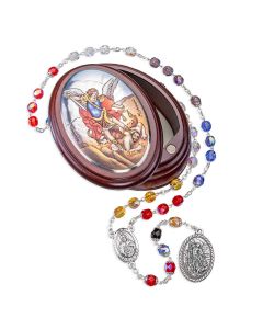 St. Michael Multi Colored Crystal Bead Chaplet in St. Michael Image Wooden Box