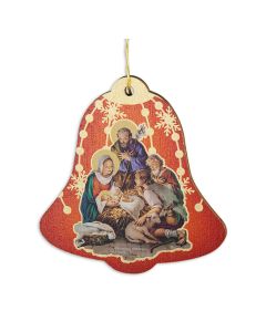 Wooden Christmas Red Bell Ornament with Holy Family
