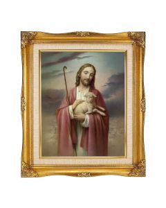 8"x10" Good Shepherd Textured Art in a 12"x14" Ornate Antiqued Gold Frame with Inner Linen Border