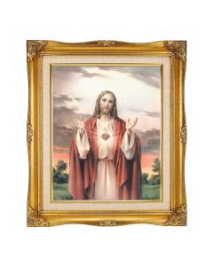 8"x10" Textured Art of the Sacred Heart of Jesus in a 12"x14" Ornate Antiqued Gold Frame with Inner Linen Border 