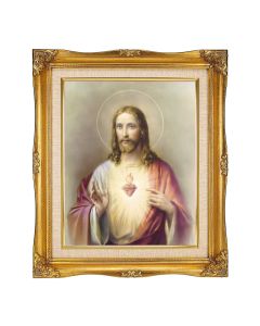 8"x10" Texture Art of Sacred Heart of Jesus in a 12"x14" Ornate Antiqued Gold Frame with Inner Linen Border