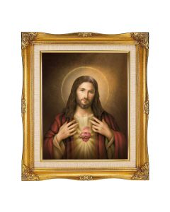 8"x10" Textured Art of Sacred Heart of Jesus in a 12"x14" Ornate Antiqued Gold Frame with Inner Linen Border