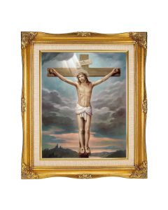 8"x10" Crucifixion Textured Art in a 12"x14" Ornate Antiqued Gold Frame with Inner Linen Border 