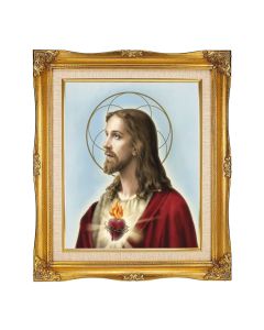 Textured 8"x10" Sacred Heart of Jesus Art in a 12"x14" Ornate Antiqued Gold Frame with Inner Linen Border