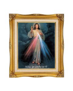 8"x10" Divine Mercy (Spanish) Textured Art in a 12"x14" Ornate Antiqued Gold Frame with Inner Linen Border