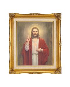8"x10" Texture Art Chambers: Sacred Heart of Jesus in a 12"x14" Ornate Antiqued Gold Frame with Inner Linen Border 