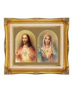 8"x10" Sacred Hearts Textured Art in a12"x14" Ornate Antiqued Gold Frame with Inner Linen Border