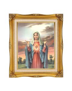 8"x10" Textured Art of Immaculate Heart of Mary in a 12"x14" Ornate Antiqued Gold Frame with Inner Linen Border 