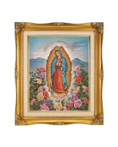8"x10" O.L. of Guadalupe with Roses Textured Art in a 12"x14" Ornate Antiqued Gold Frame with Inner Linen Border 