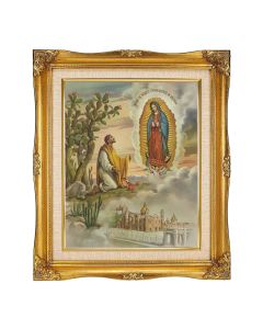 8"x10" O.L. of Guadalupe with Juan Diego Textured Art in a 12"x14" Ornate Antiqued Gold Frame with Inner Linen Border