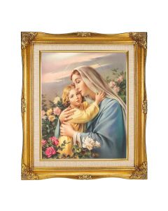 8"x10" Madonna and Child Textured Art in a 12"x14" Ornate Antiqued Gold Frame with Inner Linen Border