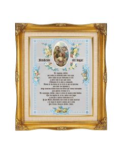 8"x10" House Blessing (Spanish) with Holy Family Textured Art in a 12"x14" Ornate Antiqued Gold Frame with Inner Linen Border 