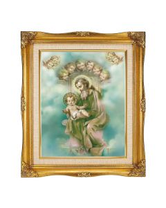 8"x10" St. Joseph and Child Enthroned Textured Art in a 12"x14" Ornate Antiqued Gold Frame with Inner Linen Border 