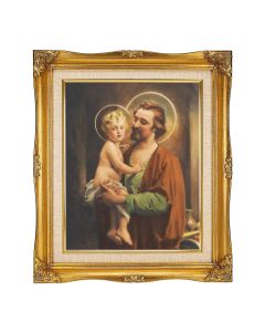 8"x10" St. Joseph with Jesus Textured Art in a 12"x14" Ornate Antiqued Gold Frame with Inner Linen Border 