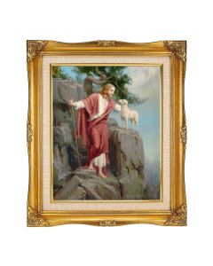 8"x10" Chambers: Christ and the Lost Lamb Textured Art in a 12"x14" Ornate Antiqued Gold Frame with Inner Linen Border 