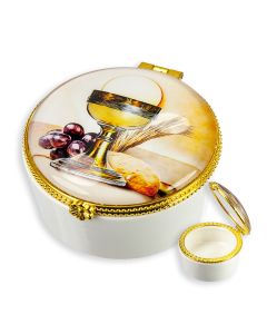 Porcelain Rosary Box with Communion Chalice Glass Cover 1 1/2" high x 2 3/8" diameter -P65