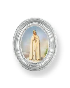 3 1/2" x 4 1/2" Silver Oval Frame with an Our Lady of Fatima Print-P65