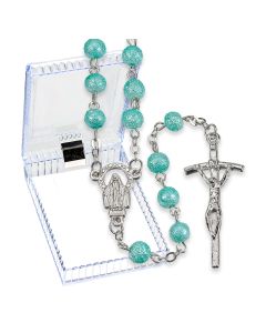 6mm Aqua Hammered Bead Rosary, Boxed-P65