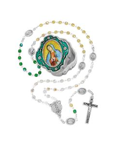4mm Multi Colored Glass Bead Our Lady of Guadalupe Rosary in Relief Metal Keepsake Box