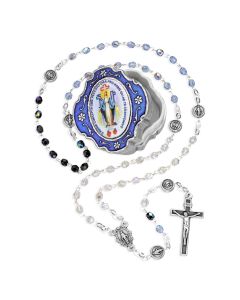 4mm Multi Colored Glass Bead Our Lady of the Miraculous Medal Rosary in Relief Metal Keepsake Box