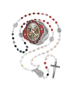 4mm Multi Colored Glass Bead Saint Michael Rosary in Relief Metal Keepsake Box
