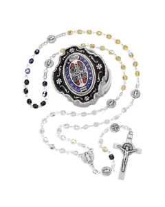 4mm Multi Colored Glass Bead Saint Benedict Rosary in Relief Metal Keepsake Box