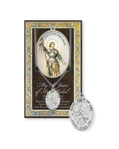 Saint Joan of Arc Genuine Pewter Medal on a 18" Chain with Biography and Picture Folder