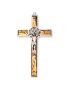 7" Saint Benedict Silver Finish Crucifix with Wood Inlay