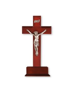10" Dark Cherry Wood Crucifix on base with Antiqued Fine Pewter Corpus