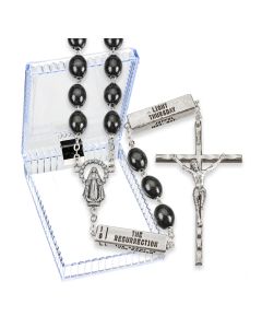 Oval Black Wood Beads with 20 Mysteries of the Rosary Pater Beads, Boxed