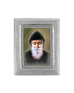 3 3/4" x 4 1/2" Silver Frame with a St. Charbel Gold Stamped Print-P65